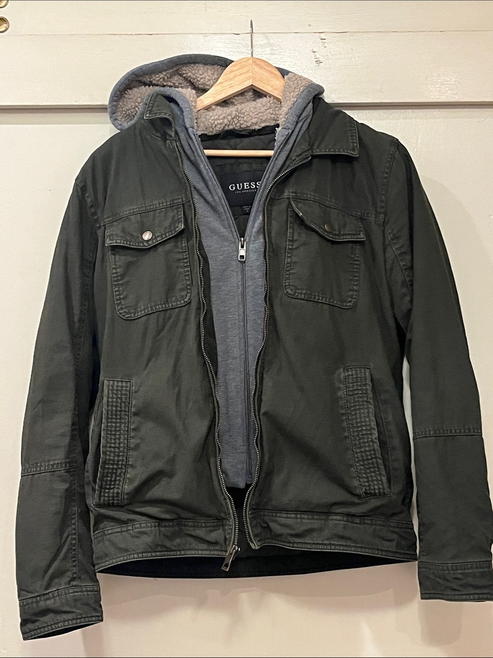 GUESS Men's Olive Green Military Field Jacket with Gray Hooded Liner